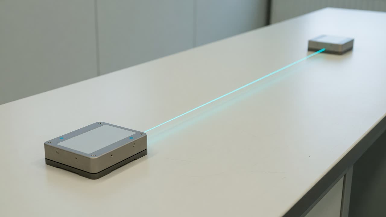 Two titanium modules far apart on a long white bench, joined by a thin cyan beam of light.