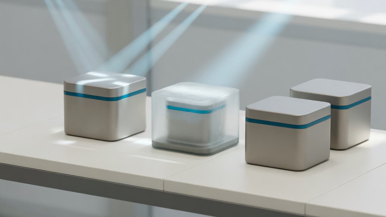 Three titanium modules in a row on a white lab bench: one lit by converging beams, one inside frosted glass, one beside its twin.